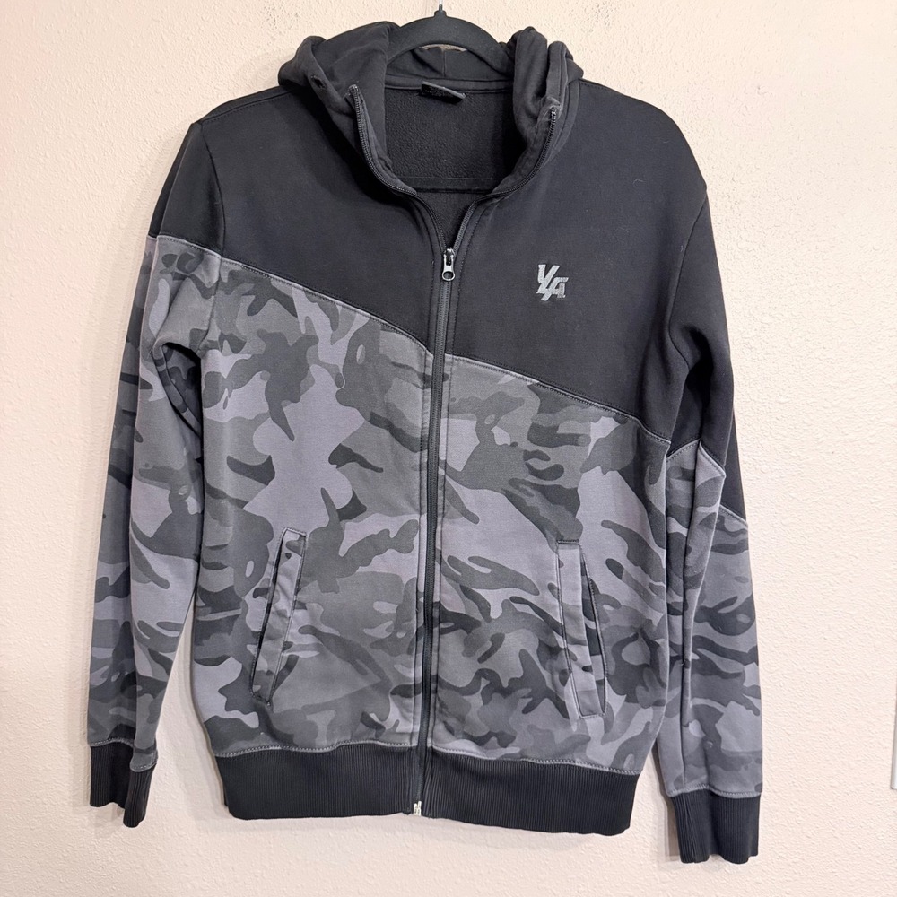 YoungLA Mens Full Zip Hoodie Black Grey Camo Fleece Gym Jacket Size S